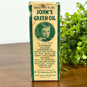 Antique 1910s 1920s John’s Green Oil Medicine Box Chetek WI Malcolm & Son Box